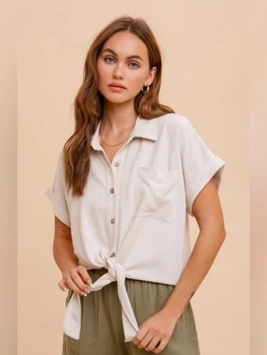 Hem & Thread Tops - Button Down Tie-Front Blouse